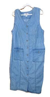Vintage Truly Yours Washed Denim Dress/ Long/ Button Front w/Pockets/ 16W